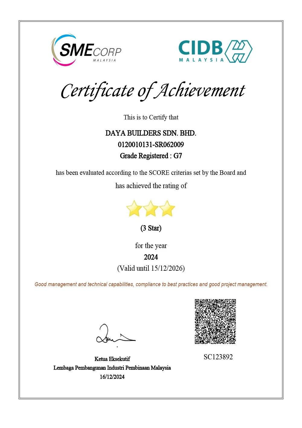 CIDB SCORE Certificate